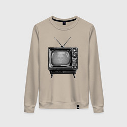 Свитшот хлопковый женский Старый телевизор черно-белый шум и череп, цвет: миндальный