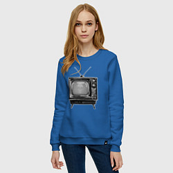 Свитшот хлопковый женский Старый телевизор черно-белый шум и череп, цвет: синий — фото 2