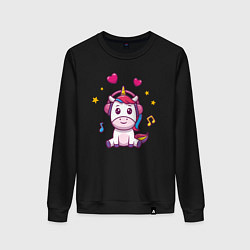 Свитшот хлопковый женский Единорог в наушниках, цвет: черный