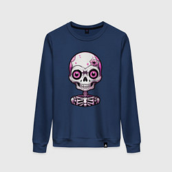 Свитшот хлопковый женский Розовый скелет с большими глазами, цвет: тёмно-синий