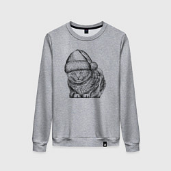 Свитшот хлопковый женский Кот в новогоднем колпаке, цвет: меланж