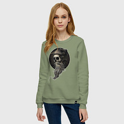 Свитшот хлопковый женский Череп в наушниках с бородой, цвет: авокадо — фото 2