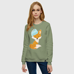 Свитшот хлопковый женский Лисичка в шапке, цвет: авокадо — фото 2