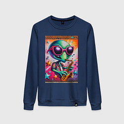 Свитшот хлопковый женский Пришелец играет на саксофоне - граффити, цвет: тёмно-синий