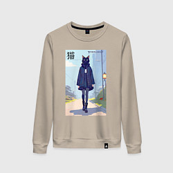 Свитшот хлопковый женский Чёрная кошечка на своём районе - нейросеть, цвет: миндальный