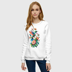 Свитшот хлопковый женский Колибри среди цветов, цвет: белый — фото 2