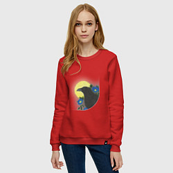 Свитшот хлопковый женский Чёрный ворон на ветке под луной, цвет: красный — фото 2