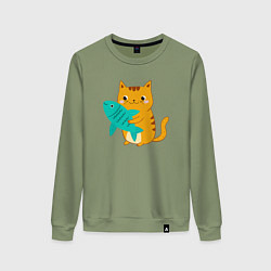 Свитшот хлопковый женский Рыжий котик с рыбкой, цвет: авокадо