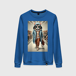 Свитшот хлопковый женский Модный кот в очках на дефиле животных, цвет: синий