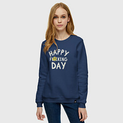Свитшот хлопковый женский Happy f**king day - надпись и смайл, цвет: тёмно-синий — фото 2