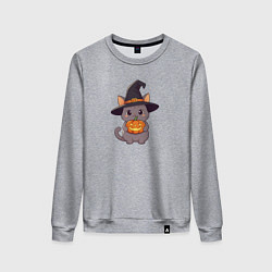 Свитшот хлопковый женский Кот в шляпе ведьмы с тыквой, цвет: меланж