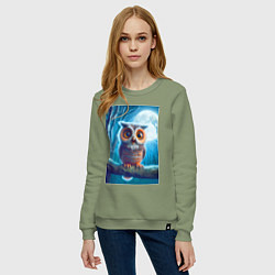 Свитшот хлопковый женский Милый совёнок на фоне луны - нейроарт фантазия, цвет: авокадо — фото 2