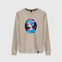 Свитшот хлопковый женский Девушка в стиле аниме на фоне звёздного неба, цвет: миндальный