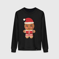 Свитшот хлопковый женский Пряничный человечек в костюме Санта Клауса, цвет: черный