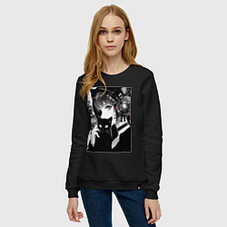 Свитшот хлопковый женский Girl with black kitten anime - cyberpunk, цвет: черный — фото 2