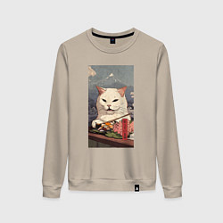 Свитшот хлопковый женский Cat meme - japan style, цвет: миндальный