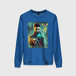 Свитшот хлопковый женский Harry Potter with a magic wand - ai art fantasy, цвет: синий