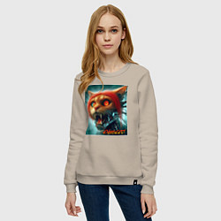 Свитшот хлопковый женский Super cyber red cat - ai art fantasy, цвет: миндальный — фото 2
