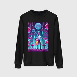 Свитшот хлопковый женский Rick and Morty among neon mushrooms - ai art fanta, цвет: черный