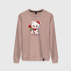 Свитшот хлопковый женский Белый мишка с красной розой, цвет: пыльно-розовый
