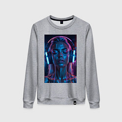 Свитшот хлопковый женский Девушка с наушниками в неоне, цвет: меланж