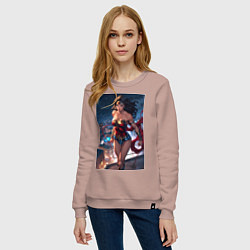 Свитшот хлопковый женский Чудо-женщина на крыше с городским фоном в стиле ко, цвет: пыльно-розовый — фото 2