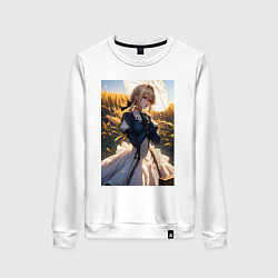 Свитшот хлопковый женский Вайолет Эвергарден на поле пшеницы, цвет: белый
