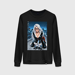 Свитшот хлопковый женский Черная кошка на крыше небоскреба, цвет: черный