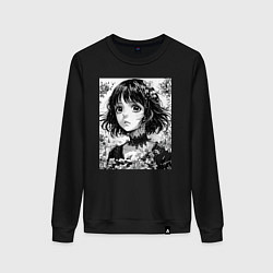 Свитшот хлопковый женский Аниме девушка портрет черно-белый, цвет: черный