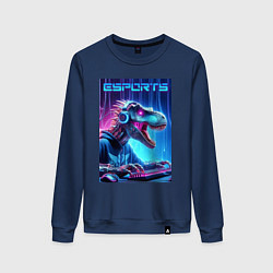 Свитшот хлопковый женский Tyrannosaurus is esports player - neon glow, цвет: тёмно-синий