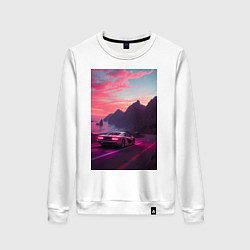 Свитшот хлопковый женский Суперкар едет к океану, цвет: белый