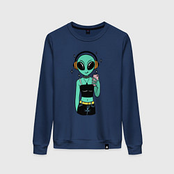 Свитшот хлопковый женский Девочка инопланетянин с телефоном, цвет: тёмно-синий