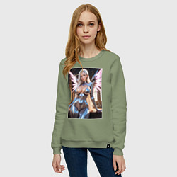 Свитшот хлопковый женский Девушка-ангел с механическими крыльями, цвет: авокадо — фото 2