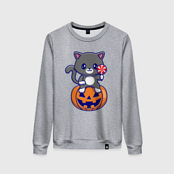 Свитшот хлопковый женский Хэллоуин котик с леденцом, цвет: меланж