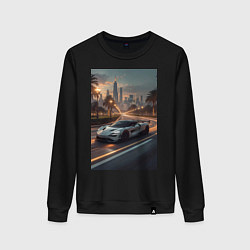 Свитшот хлопковый женский Белый суперкар едет к мегаполису, цвет: черный