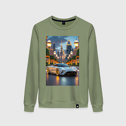Свитшот хлопковый женский Белый суперкар едет к мегаполису, цвет: авокадо