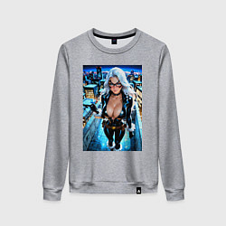 Свитшот хлопковый женский Черная кошка с брилиантом на крыше здания, цвет: меланж