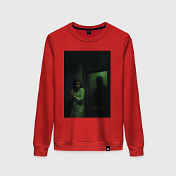 Свитшот хлопковый женский Испуганная девушка прячется за дверью морга хоррор, цвет: красный