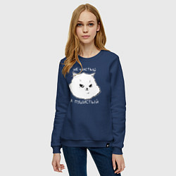 Свитшот хлопковый женский Недовольный белый кот, цвет: тёмно-синий — фото 2