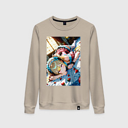 Свитшот хлопковый женский Девушка окруженная клубникой, цвет: миндальный