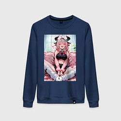 Свитшот хлопковый женский Забавная коровка сидит на диване, цвет: тёмно-синий