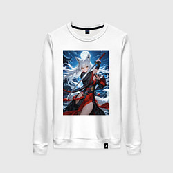 Свитшот хлопковый женский Лисица изящная стойка с катаной, цвет: белый