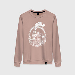 Свитшот хлопковый женский Винтажный паровоз в орнаменте, цвет: пыльно-розовый