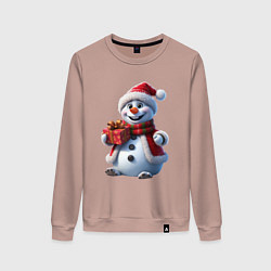 Свитшот хлопковый женский Новогодний снеговик в красной шапке, цвет: пыльно-розовый