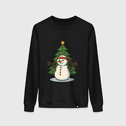 Свитшот хлопковый женский Снеговик с гирями, цвет: черный