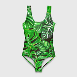 Женский купальник-боди Тропические листья на темном фоне