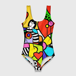 Купальник-боди 3D женский Romero Britto - valentines day, цвет: 3D-принт