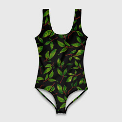 Женский купальник-боди Яркие зеленые листья на черном фоне