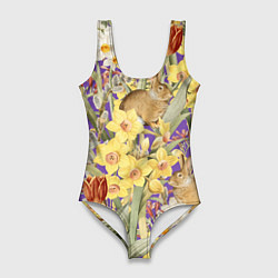 Купальник-боди 3D женский Цветы Нарциссы и Зайцы, цвет: 3D-принт