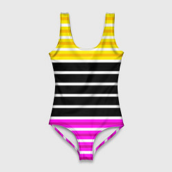 Купальник-боди 3D женский Желтые розовые и черные полосы на белом, цвет: 3D-принт